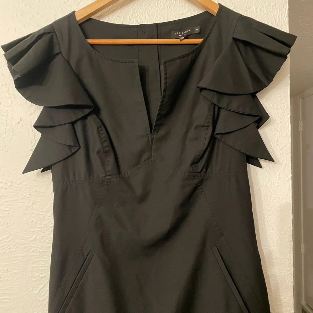 Ted Baker London Black Pencil Black Ruffle Sleeve Dress Size 4 - Picture 6 of 9